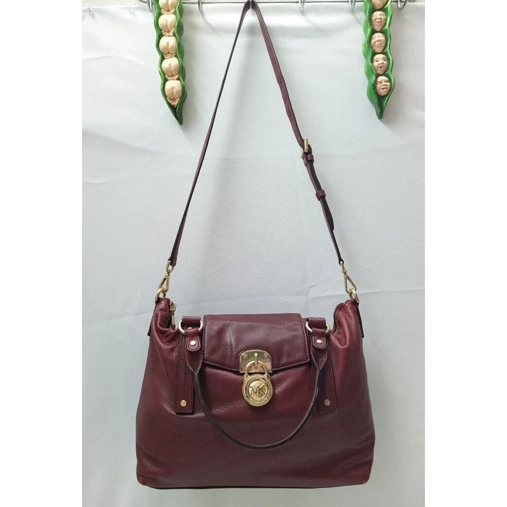 Michael Kors Maroon Leather Lock Double Handles Zipper Satchel Bag